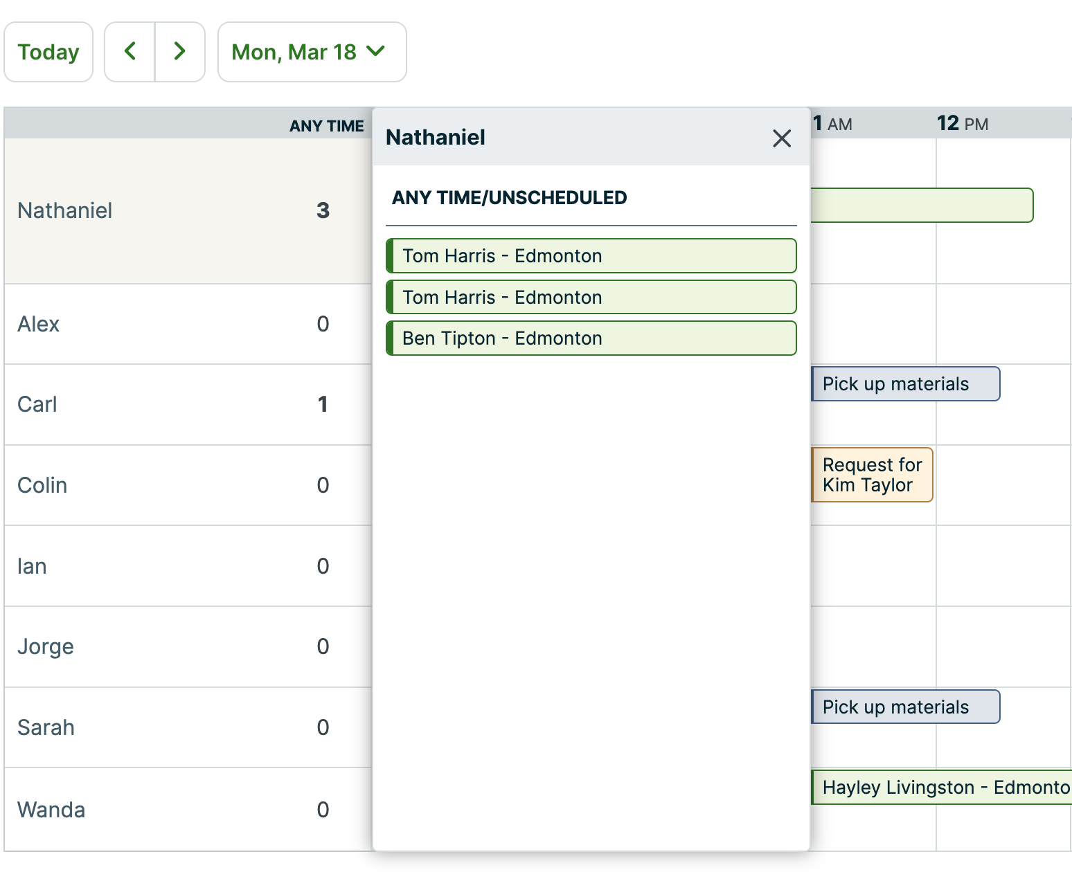 list of users with numbers beside their names. One of the user's anytime/unscheduled appointments are visible