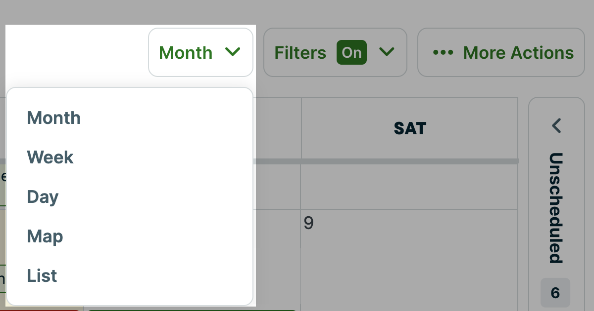 schedule view dropdown selections of month, week, day, map, and list.