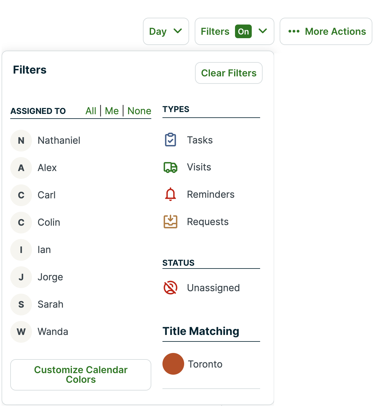 filter menu expanded to show the day view filer options