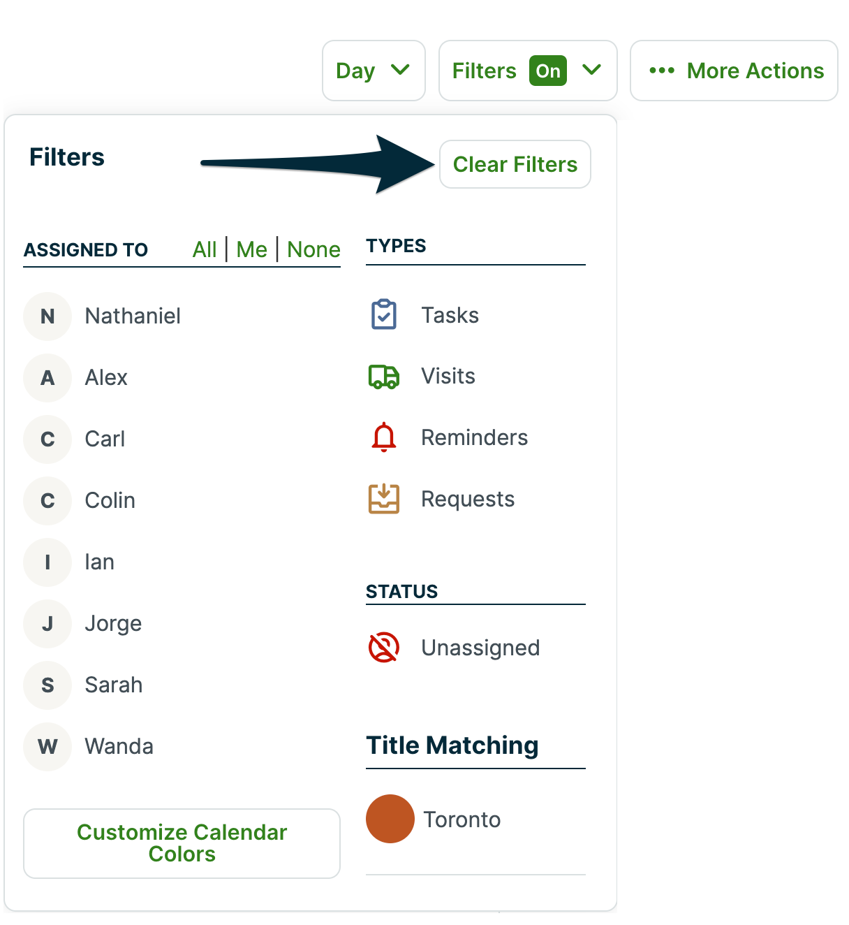 day view filter options with an arrow pointing to the clear filters button