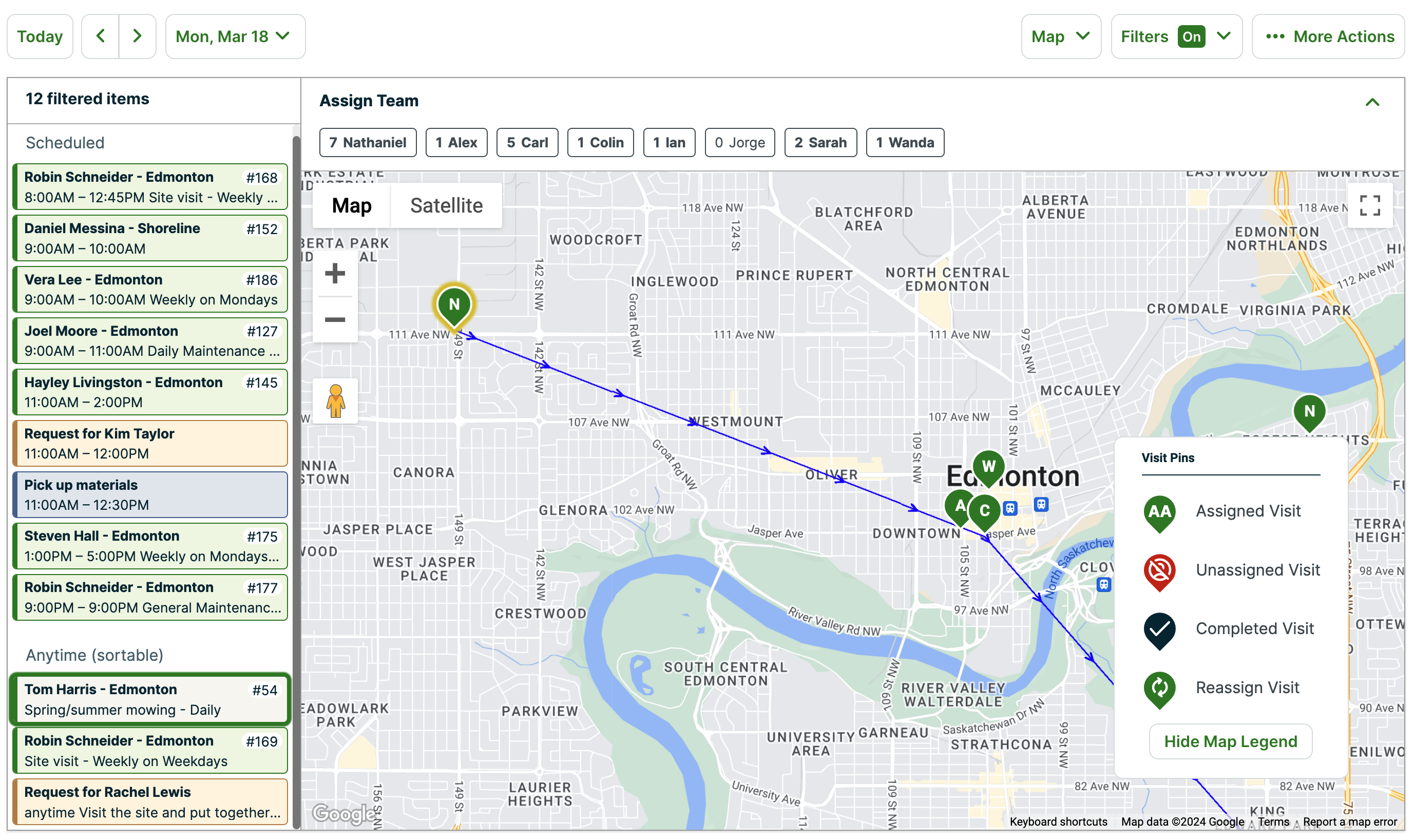 map view of the schedule with a visit highlighted both on the list of visits and the pin for the visit on the map