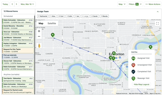 a visit being dragged in the list to reorder the anytime visits. Once the visit is dragged, the routing lines on the map change to update the visit order.