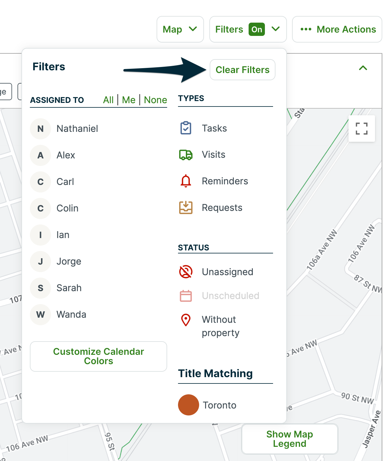 filter options for the map view with an arrow pointing to the button for clear filters