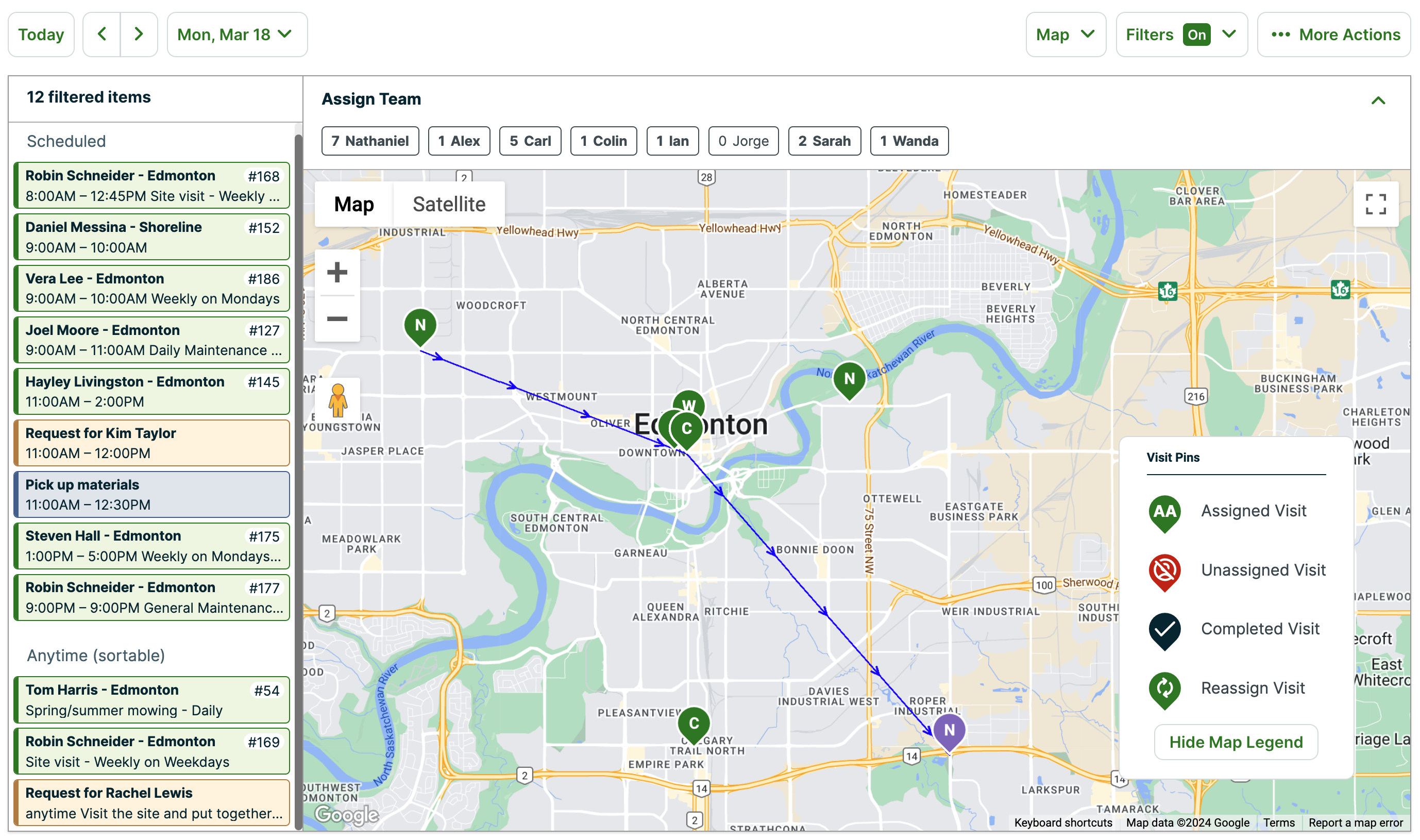 map view of the schedule with both scheduled and anytime visits appearing in a list and on the map