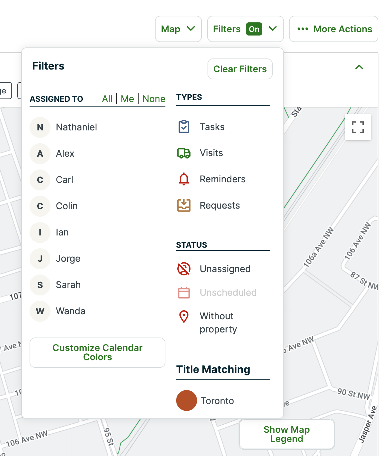 Filter options for the map view