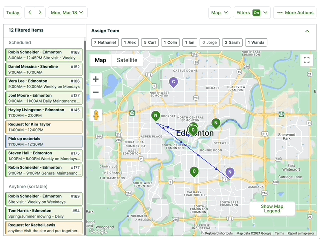 clicking a team member name to highlight it, then selecting visits from the side bar, then selecting save to assign visits