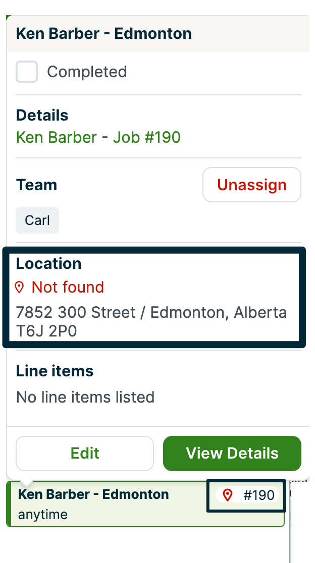 Visit details for a visit where the property cannot be geolocated. There is text that says not found above the address