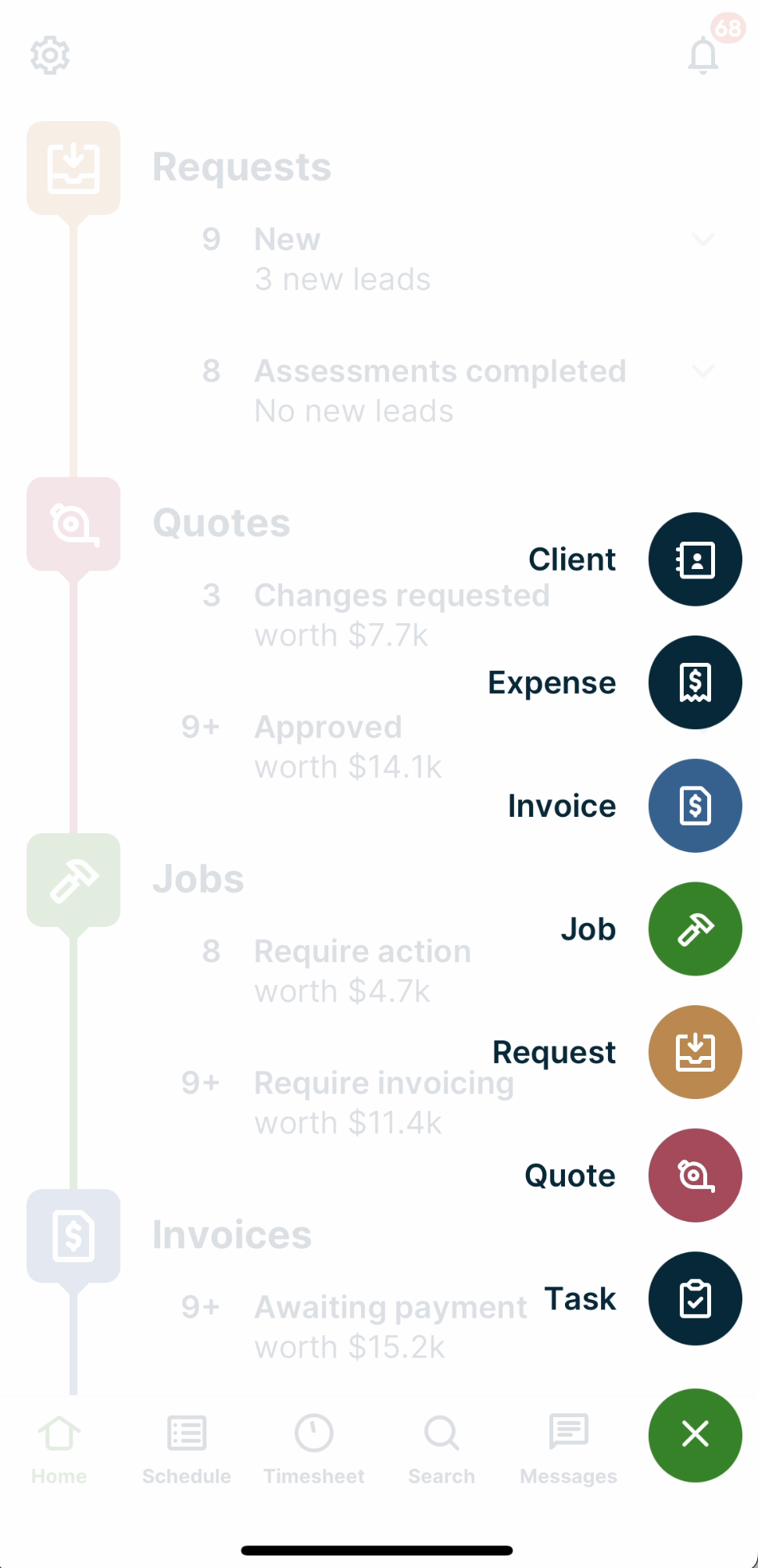 quick create menu with options to create a client, expense, invoice, job, request, quote or task.