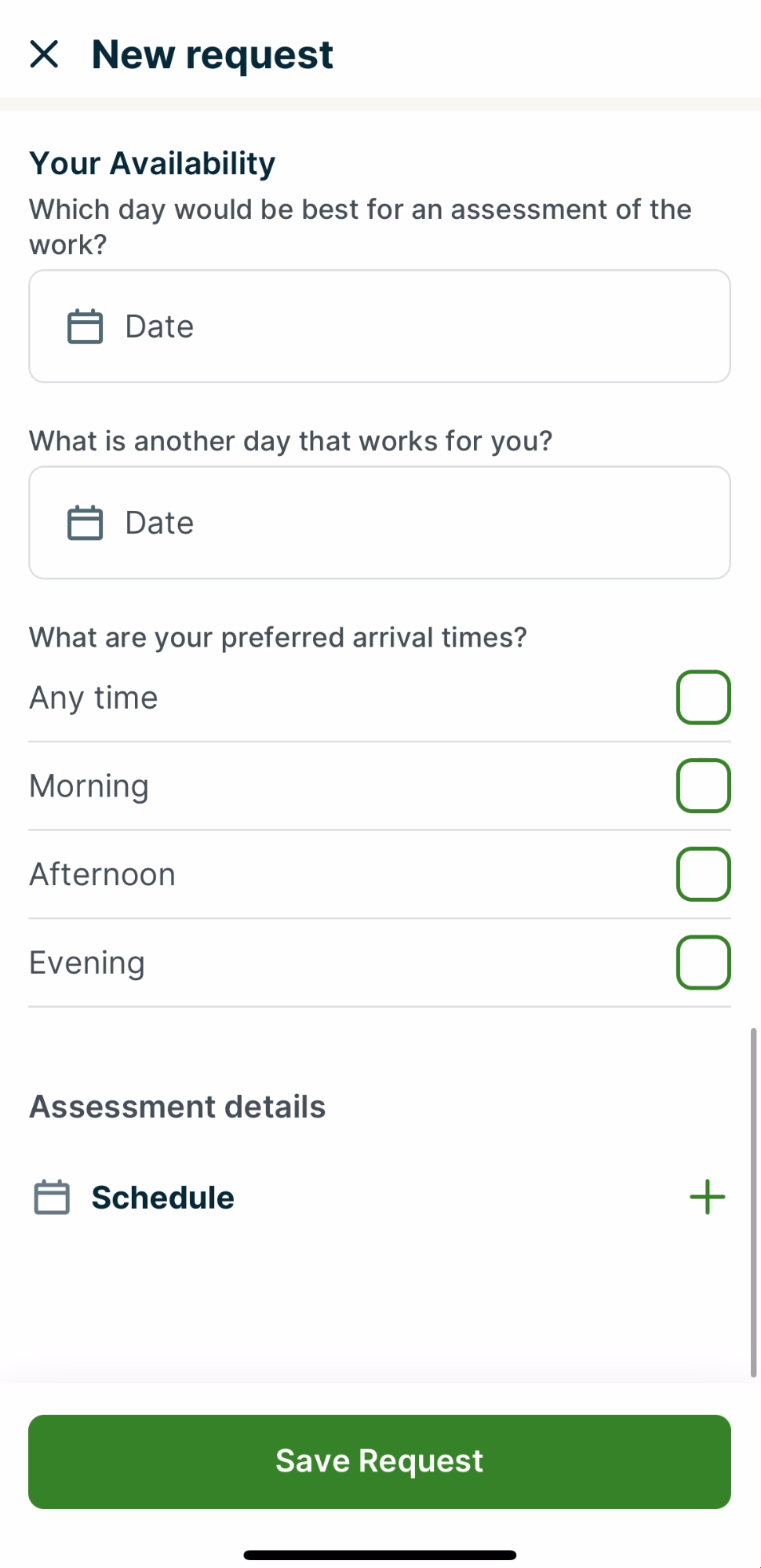 New request form with the section showing for your availability. There are fields to enter preferred dates and arrival times