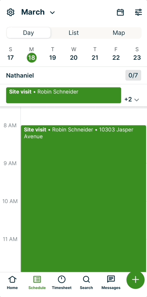 Navigating from a visit on the schedule to the notes section on the visit