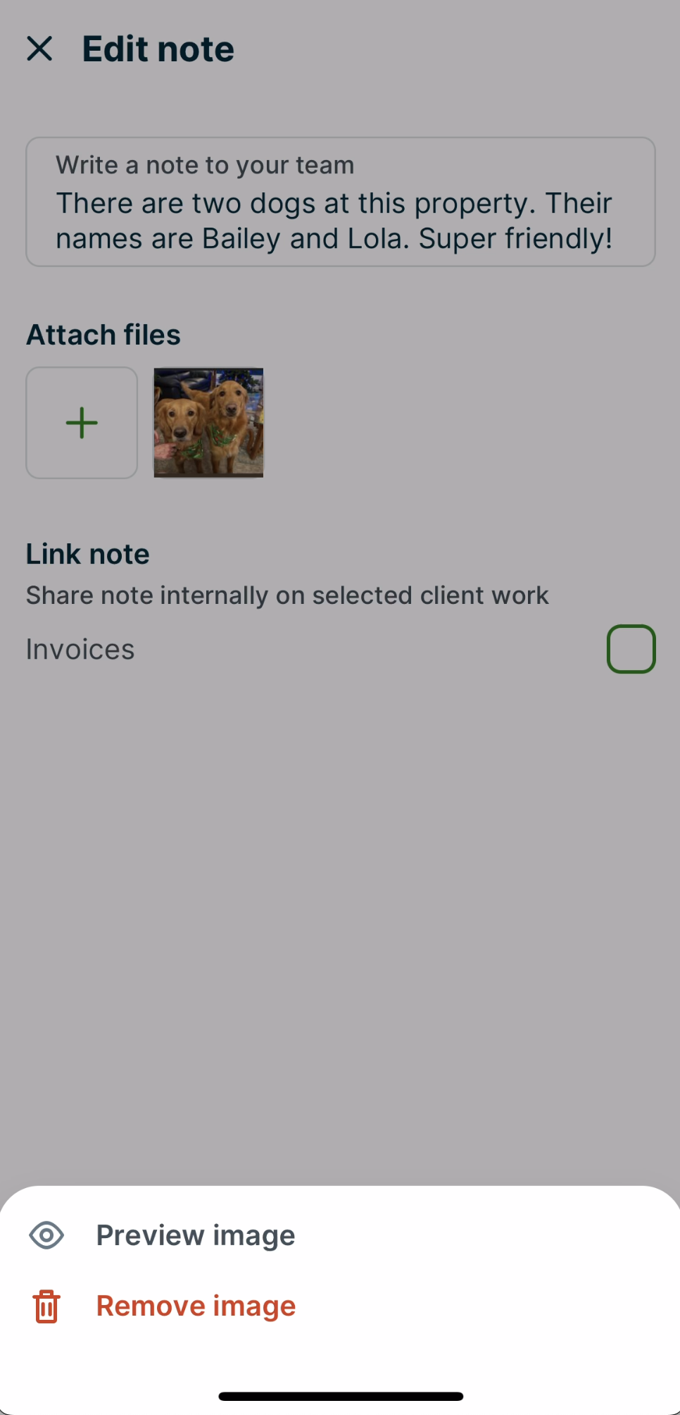 menu options to preview image or remove image