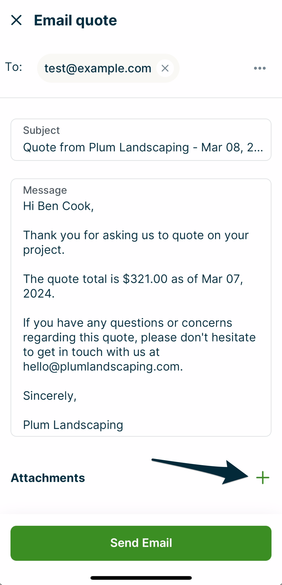 arrow pointing to the plus sign icon to add an attachment