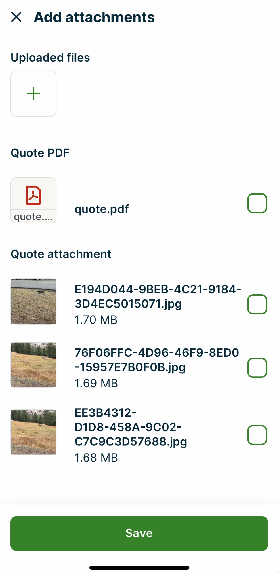 thumbnails of a grassy field that have been uploaded as an internal note on a quote that can now be selected to add as an email attachment