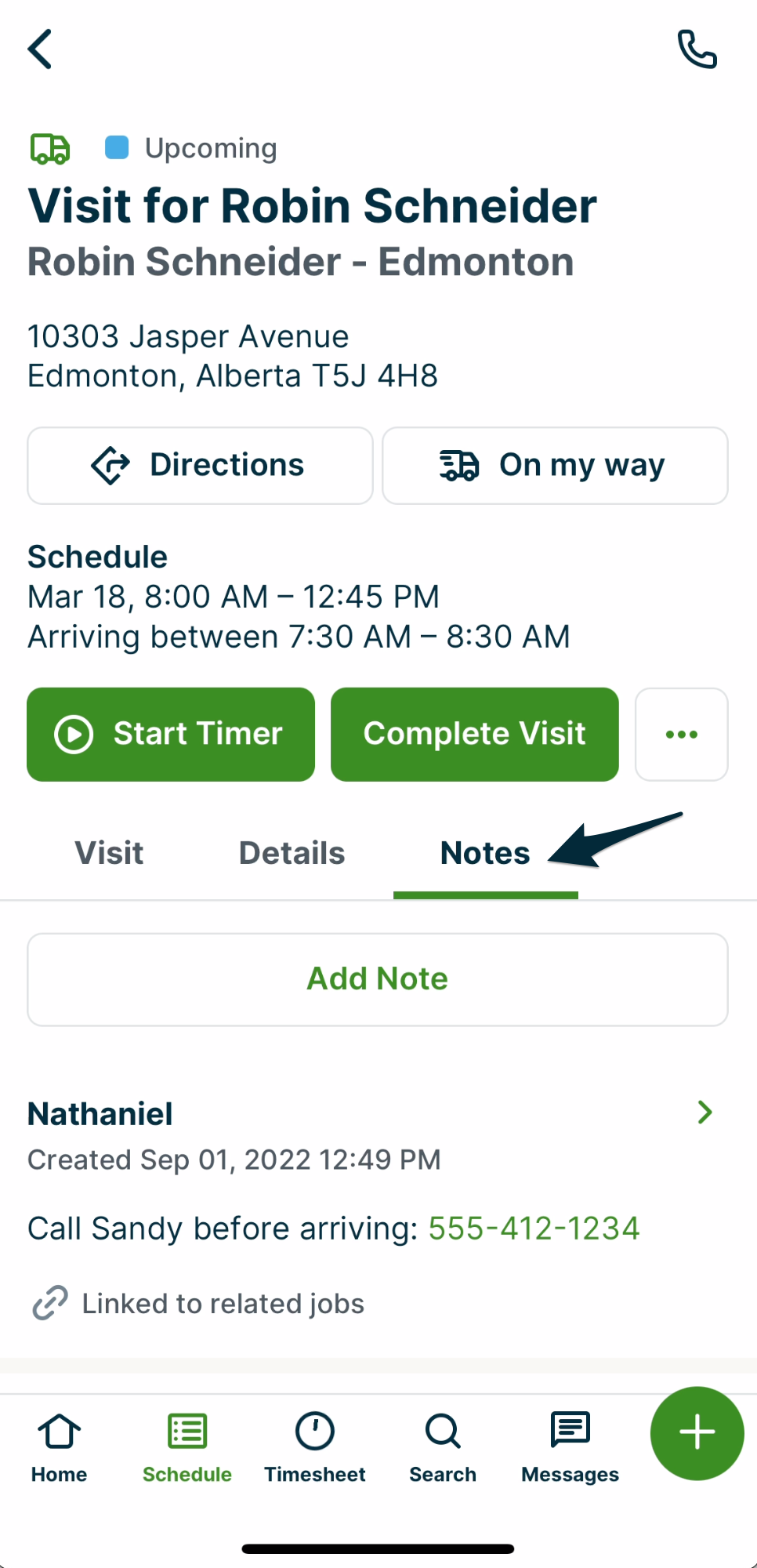 a visit with an arrow pointing to the notes tab