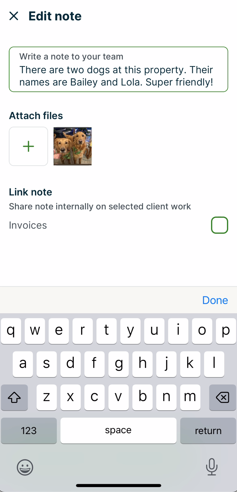edit note screen. The text field can be changed, more images can be uploaded, and the note linking can be changed.