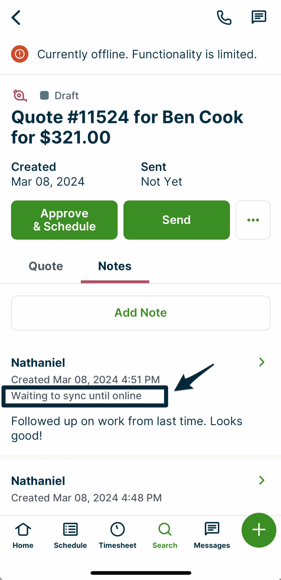 a note that has been added while the device was offline. There is text saying the note is waiting to sync until the device is online
