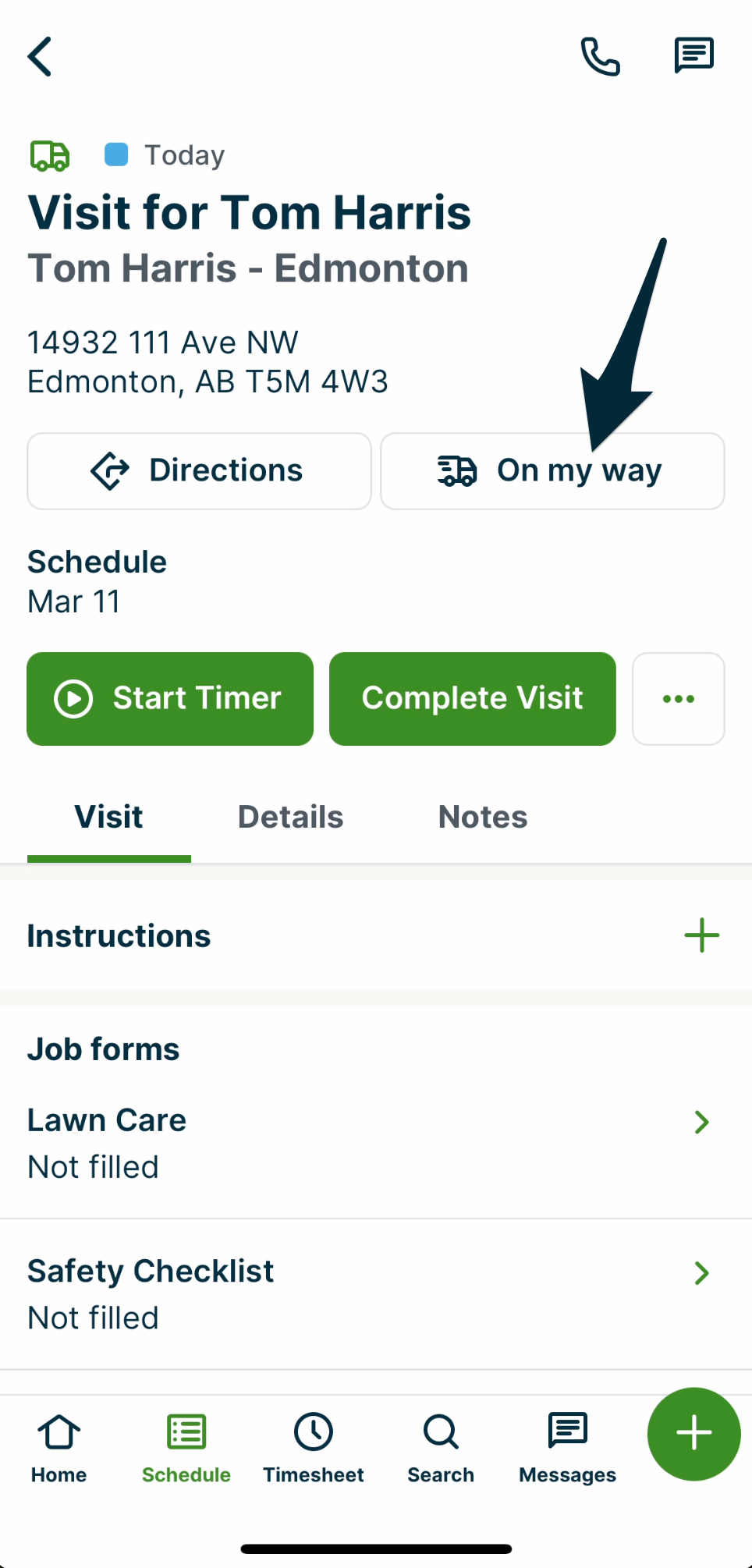 a visit with an arrow pointing to the on my way button