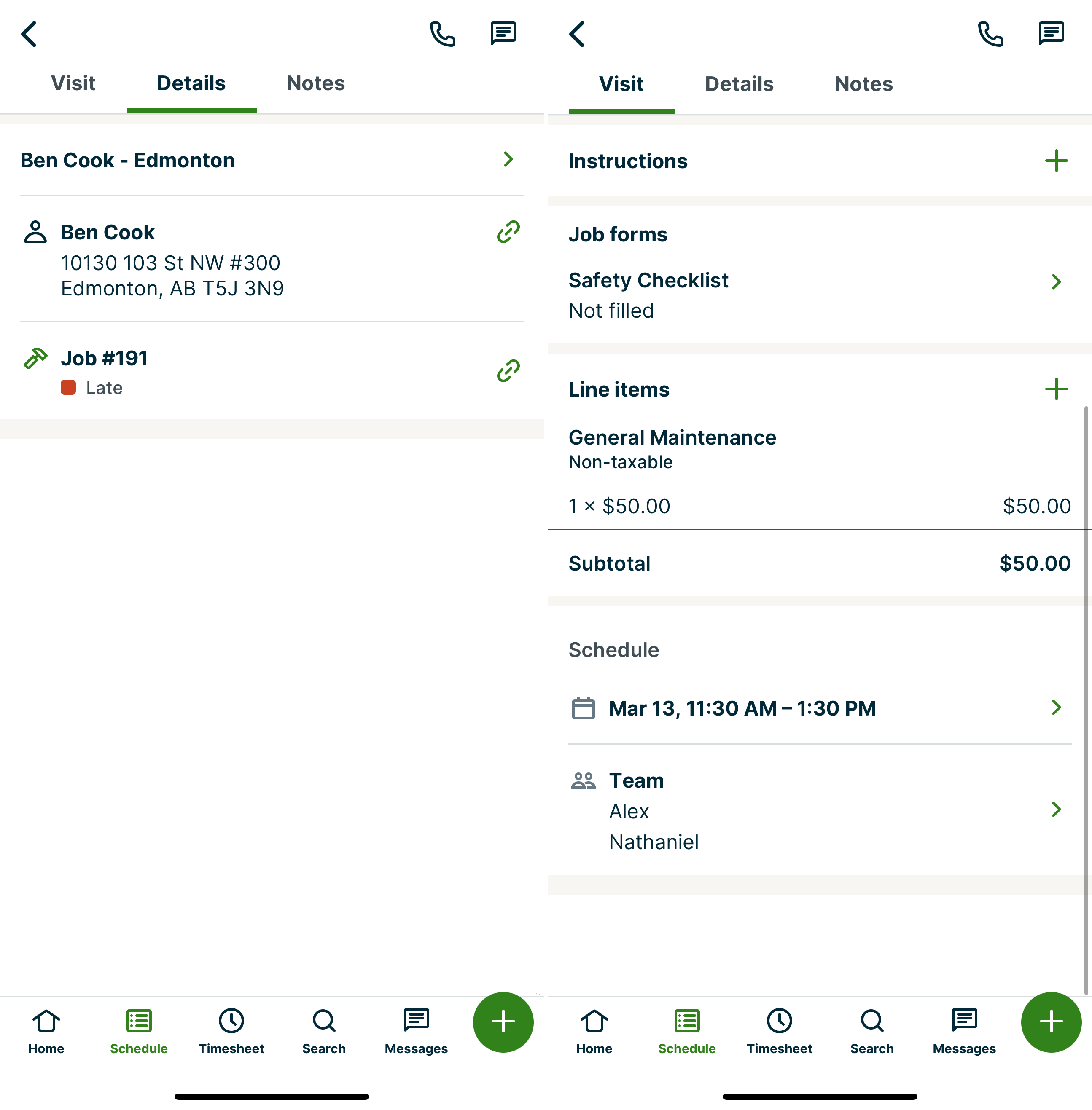 Visit and details tab on a job visit