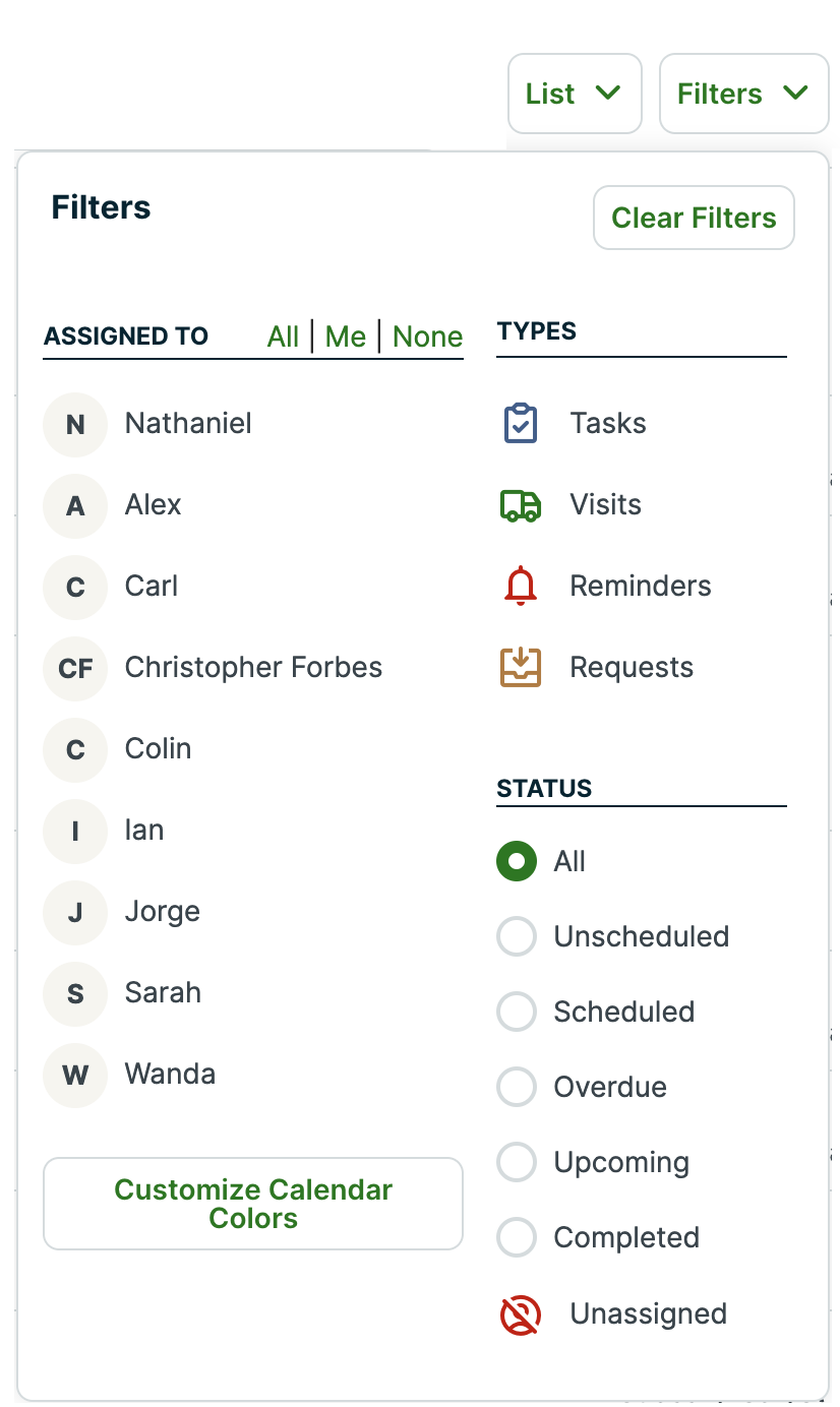 Menu with filter options for the list view
