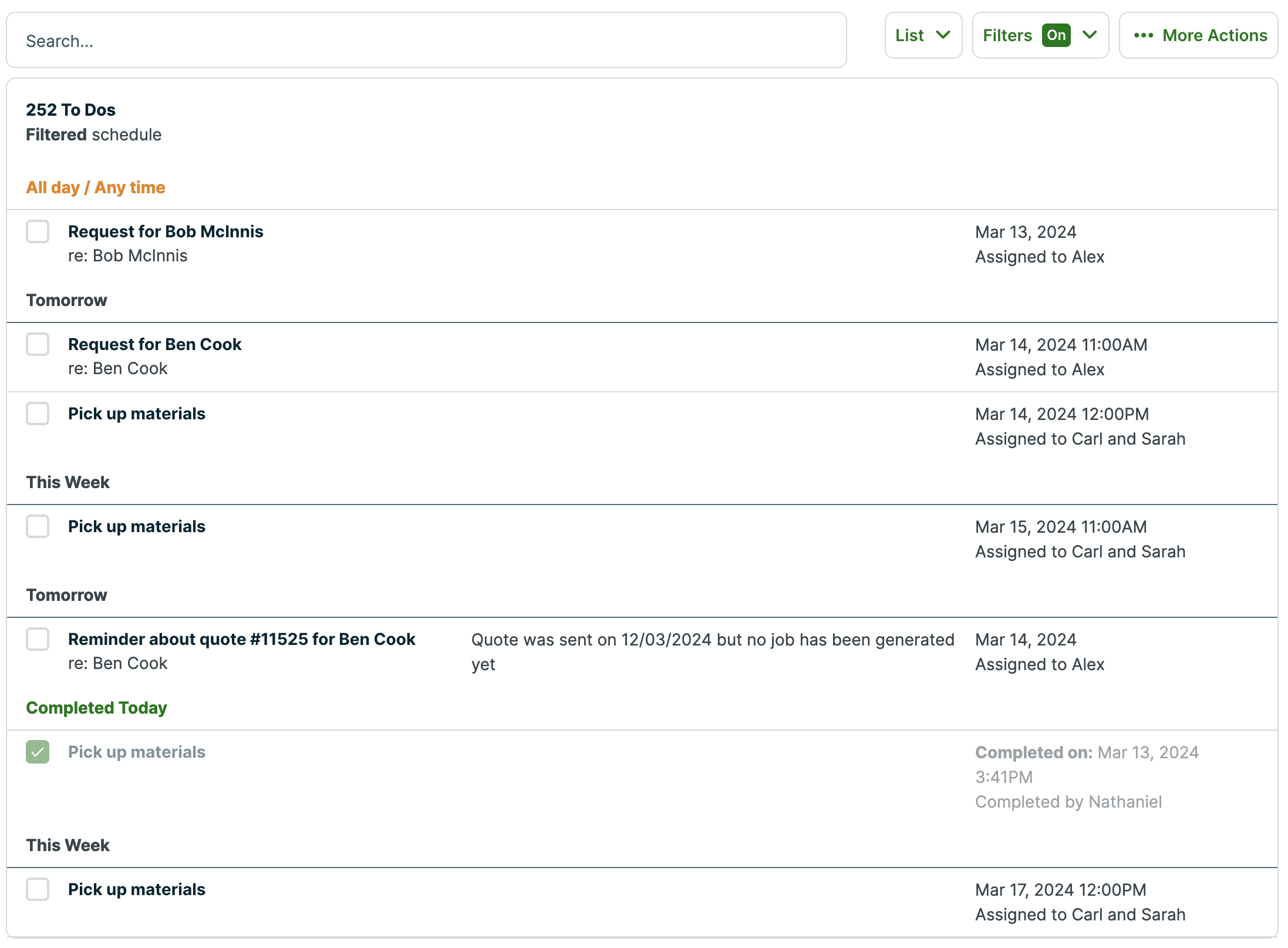 list view of the schedule with visits and tasks sorted into sections of all day and anytime, tomorrow, this week, and completed.