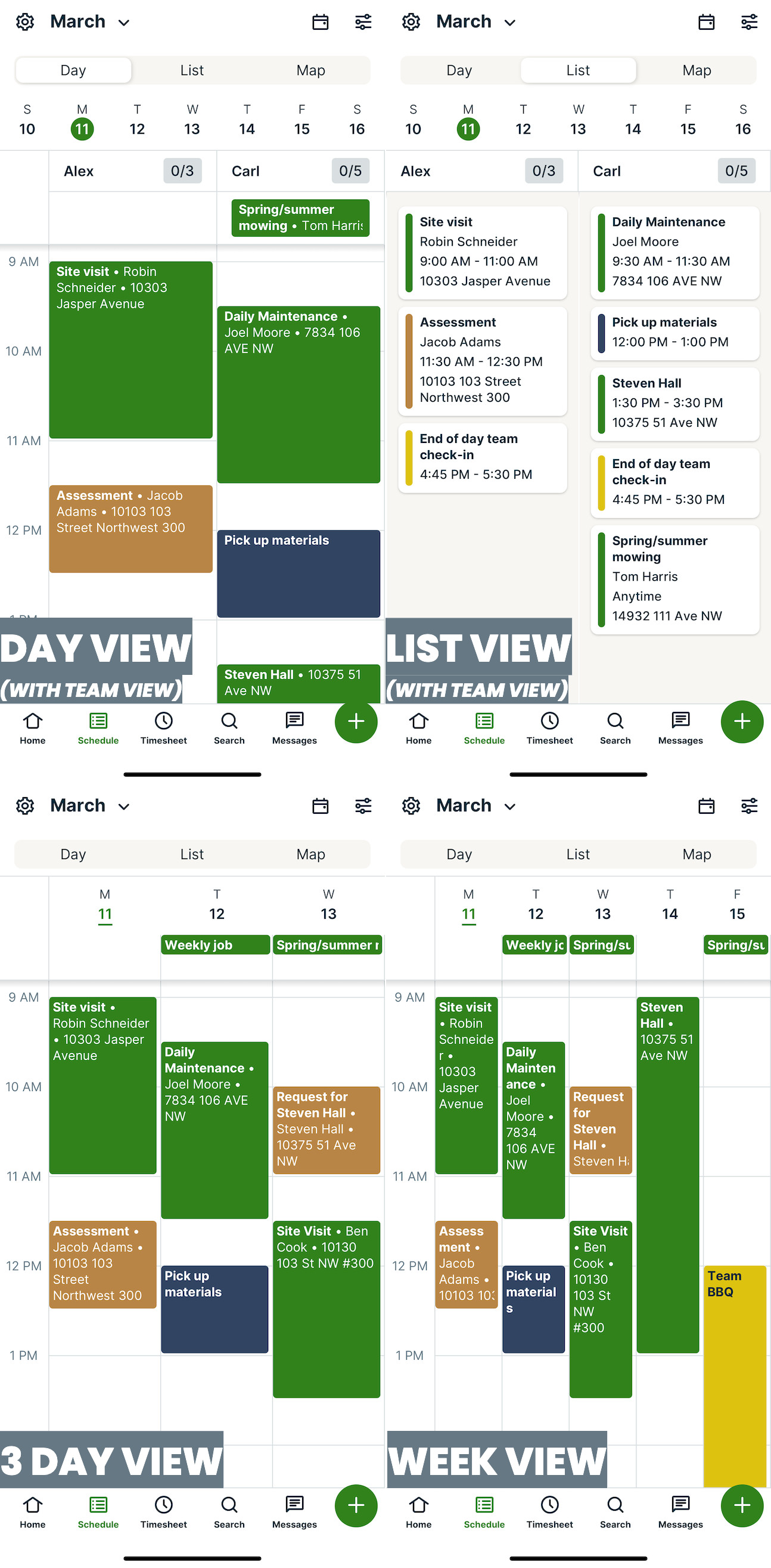 Day view, list view, 3 day view, and week view