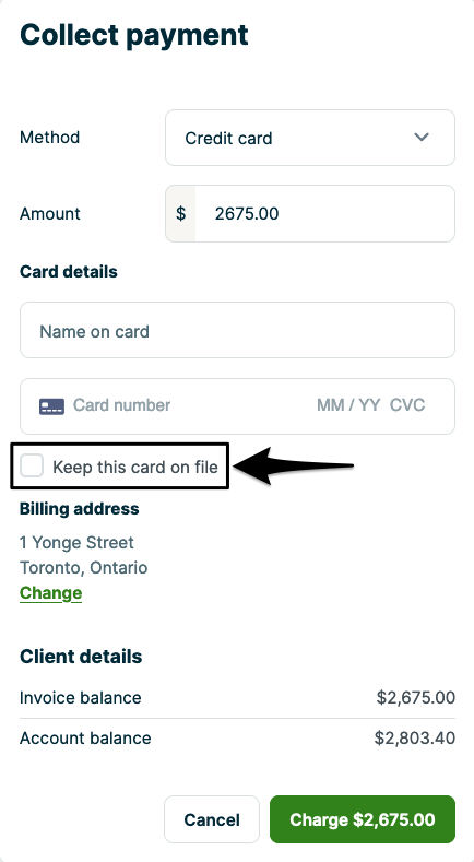 Collect payment screen with the option keep card on file highlighted