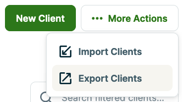 More Actions button selected with Export Clients highlighted