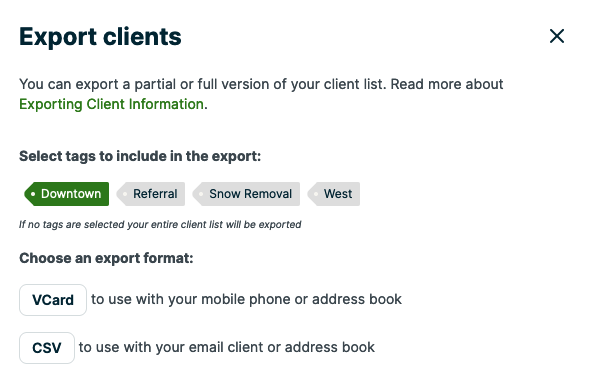 Export clients options with the tag Downtown selected