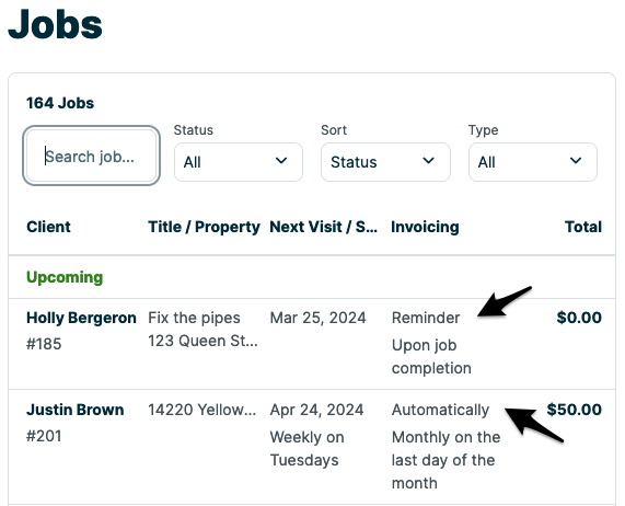 list of jobs from the jobs page where the invocing column shows if this job is invoicing automatically or with an invoice reminder