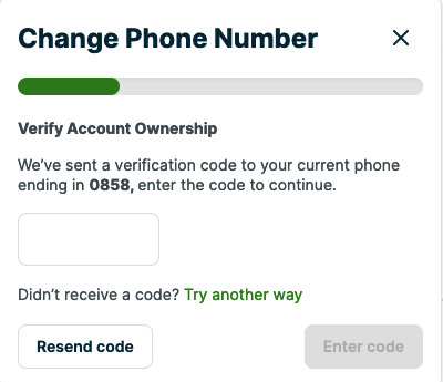 prompt to enter the code you've been texted before changing phone numbers