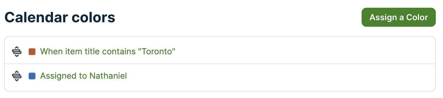 calendar colors that have been assigned. There is a button for assign a color