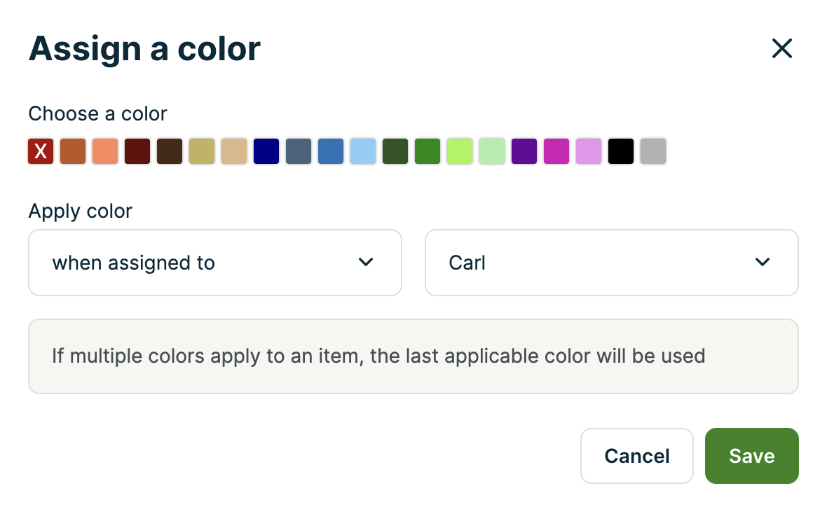 color assignment settings where colors can be selected and when colors will be assigned