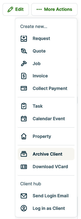 More actions menu with Archive Client highlighted