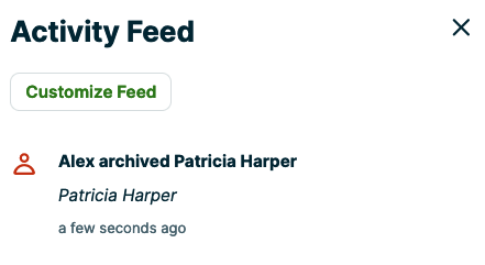 activity feed showing a client was archived by a user