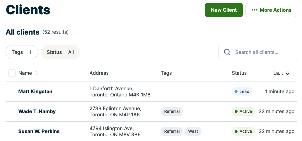 three clients from the clients list. One is a lead.