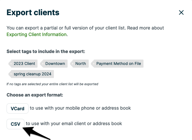 export clients options with an arrow pointing to the CSV export option