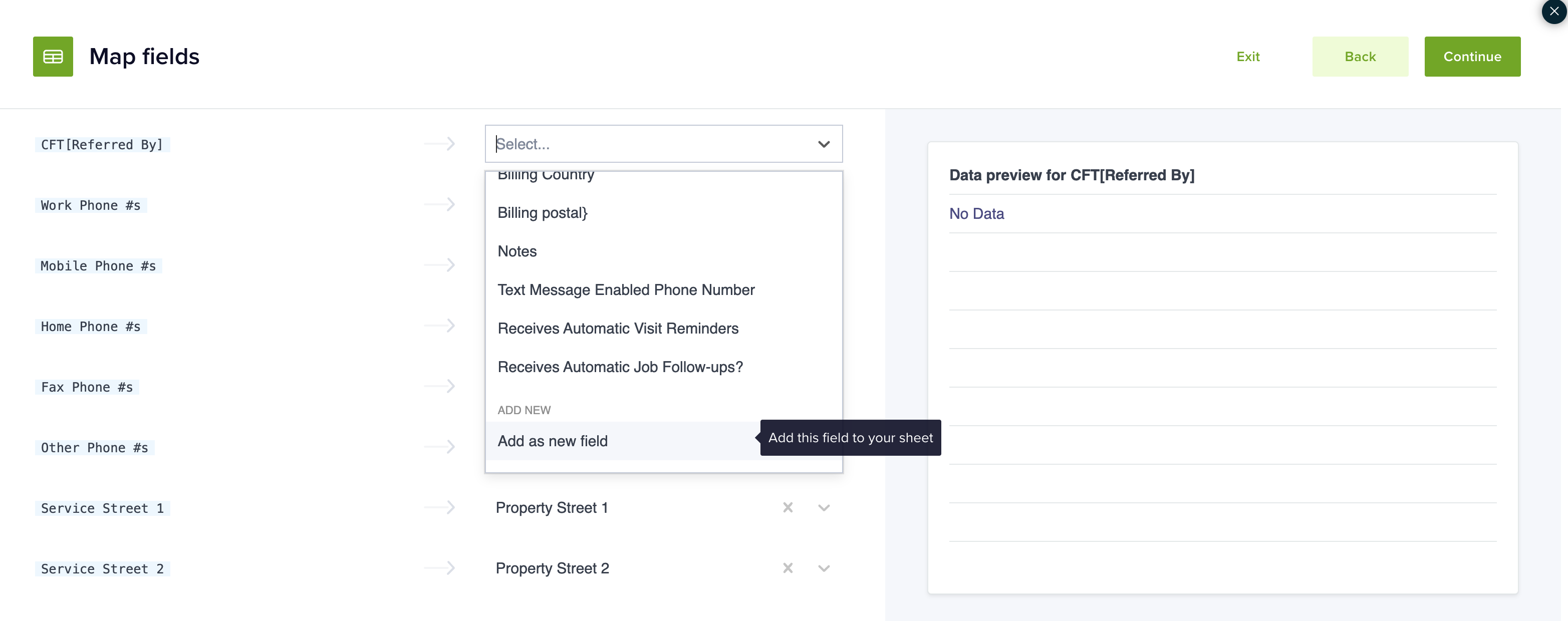 button to include column as custom field