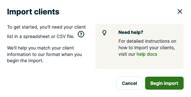 Dialog box with a button to begin import