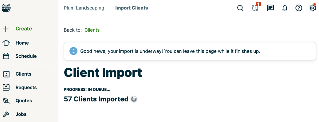 message that says the import is processing