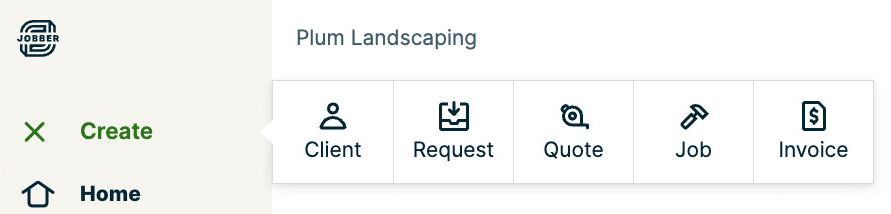 Options to create new client, request, quote, or invoice