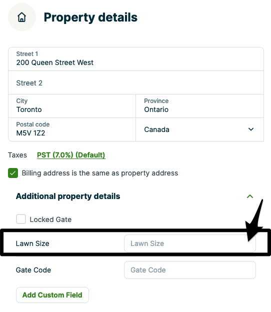 property details with a custom field to enter the lawn size