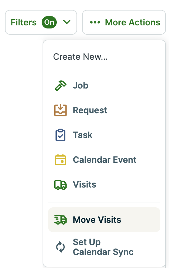 More actions dropdown menu with move visits highlighted