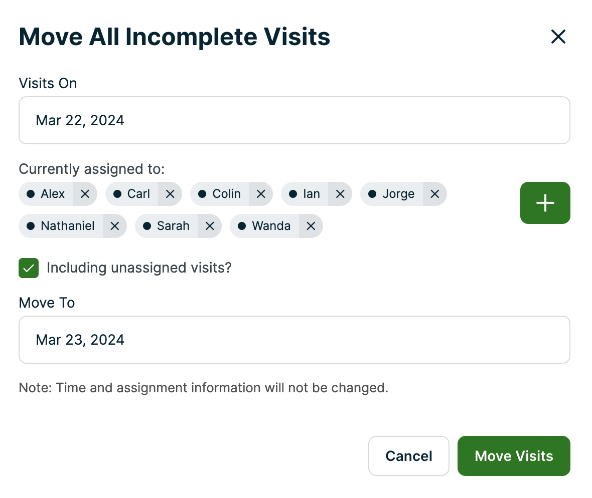 Move all incomplete visits advanced options