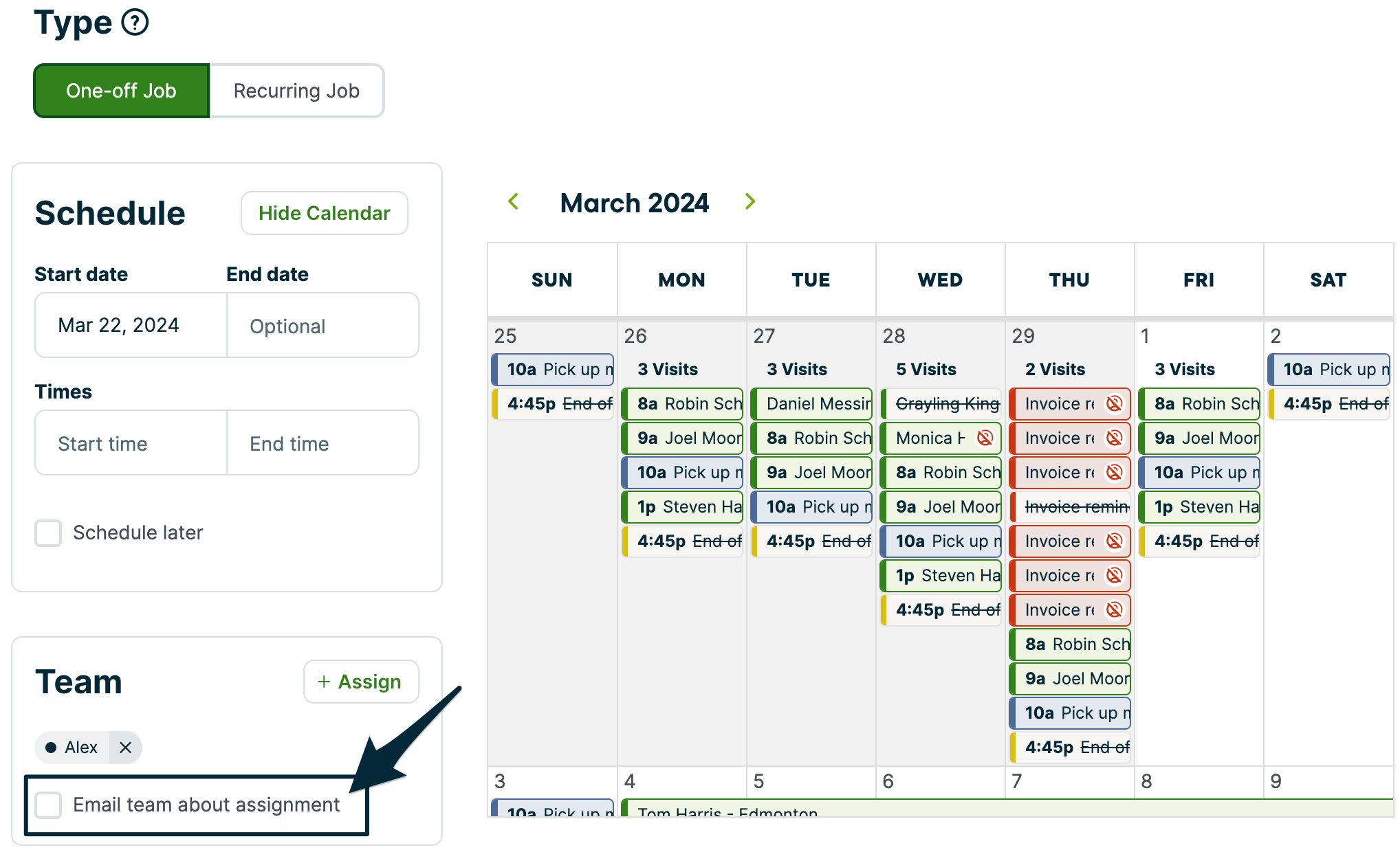 Job creation screen. There is an arrow pointing in the Team section pointing to email team about assignment