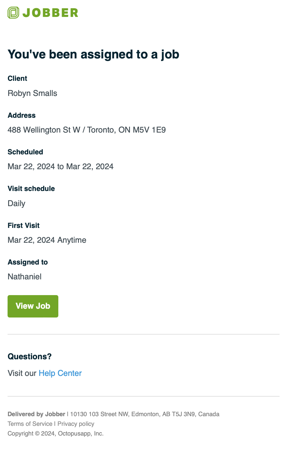 email that is sent to notify team members they've been assigned to a job. It lists the client, property address, scheduled date, visit frequency, date of the first visit, and assigned team members