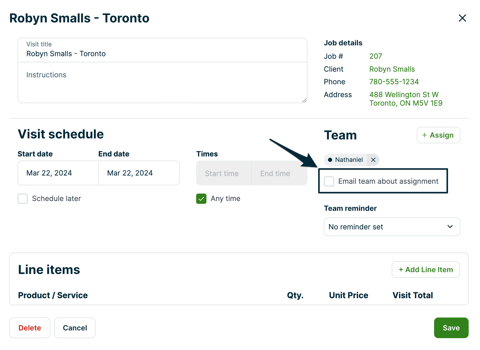 visit details pop-up with an arrow pointing to email team about assignment in the team section