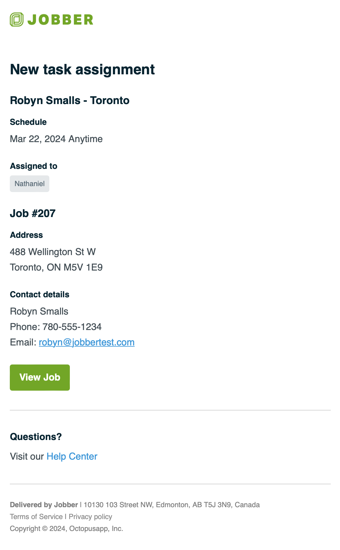 New task assignment email. The email inlcudes the client name and visit title, scheduled date, assigned team members, job number, address, and the client's contact information