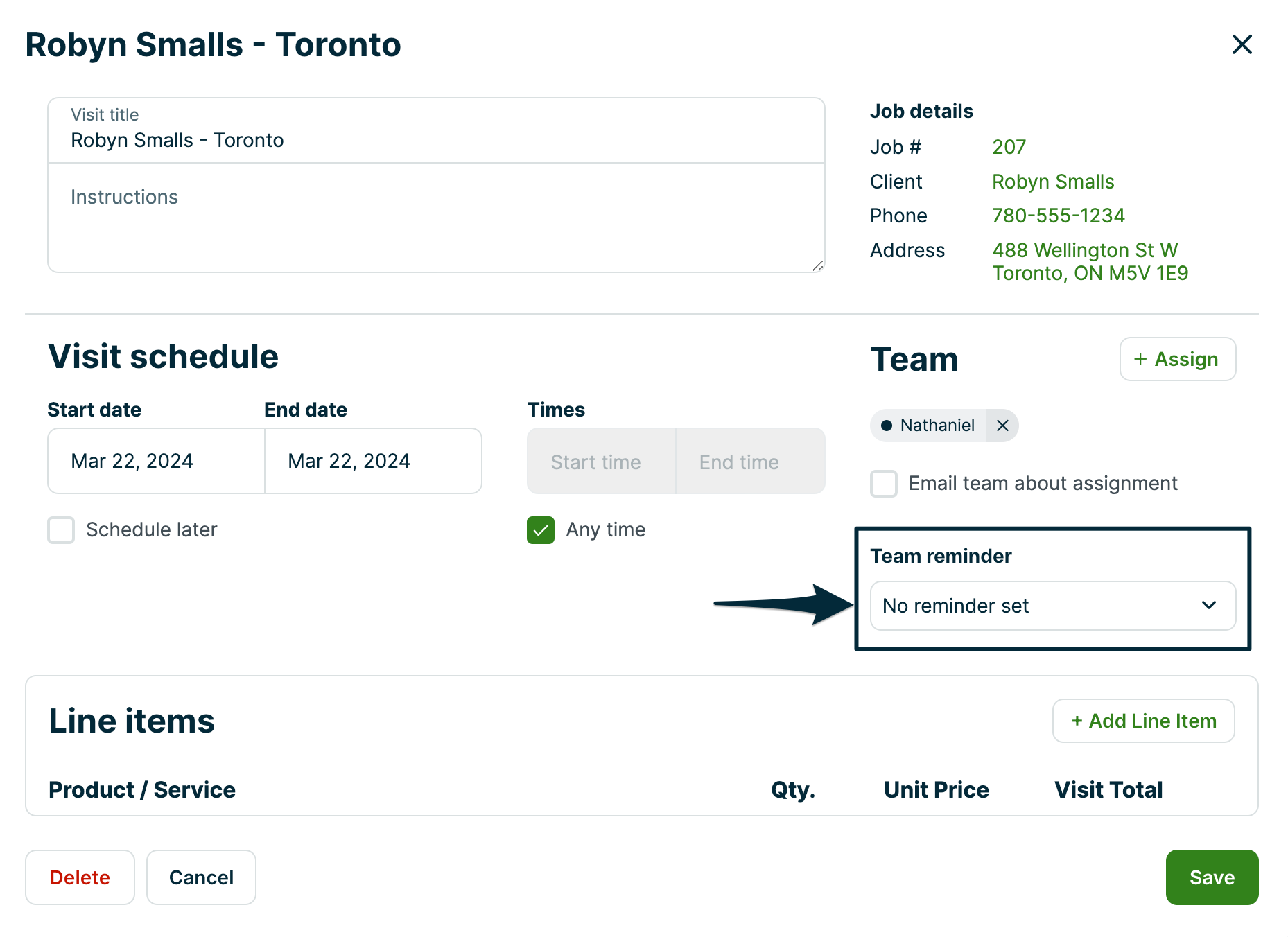 Visit details pop-up. There is an arrow pointing to the team reminder dropdown located in the Team section