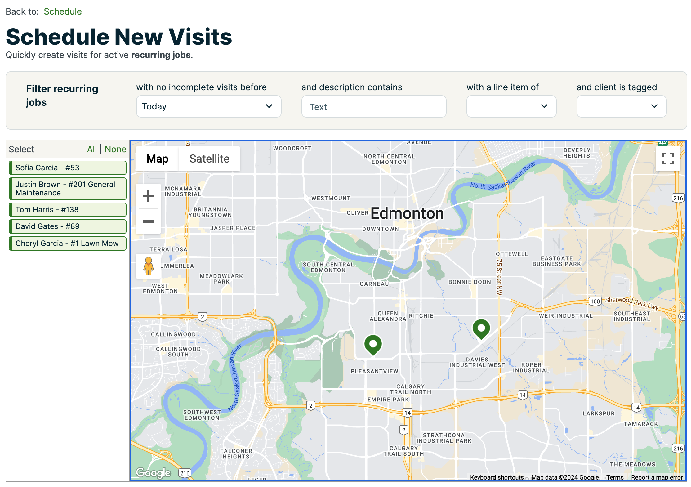 Schedule new visits tool. There is a map of recurring jobs with menu items to filter the jobs