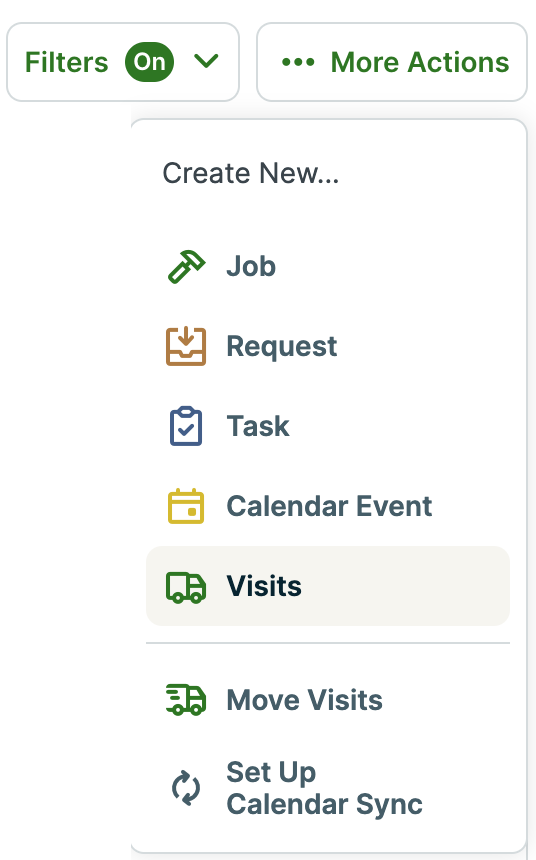 More actions menu dropdown. Visits is highlighted.